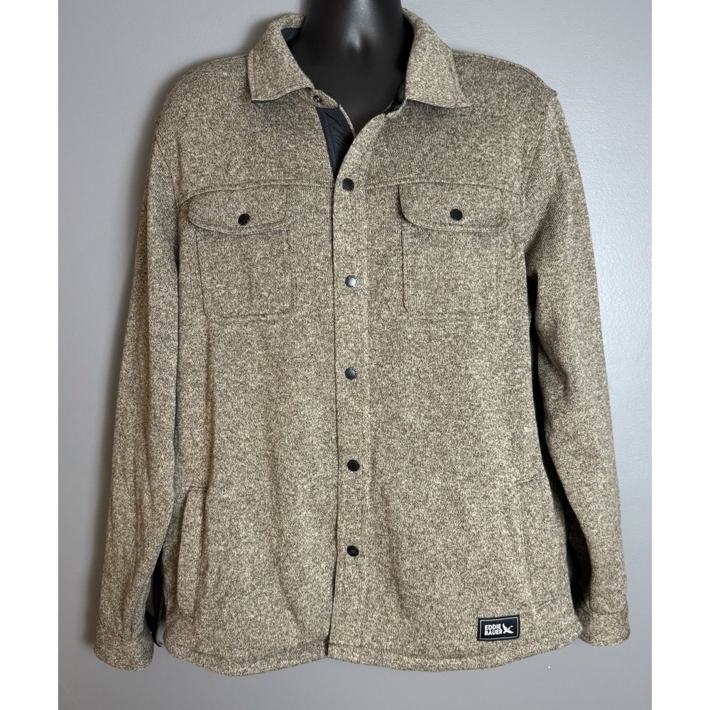 Eddie Bauer Shirt Jacket Men's Large Brown Knit Snap Front Sherpa Lined Shacket
